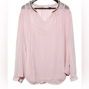 Liz Claiborne Light Pink Blouse with Embellished Neckline Lightweight Sheer